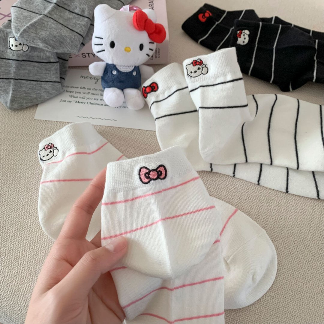 Striped Ankle Socks with Kitten Embroidery