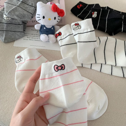 Striped Ankle Socks with Kitten Embroidery