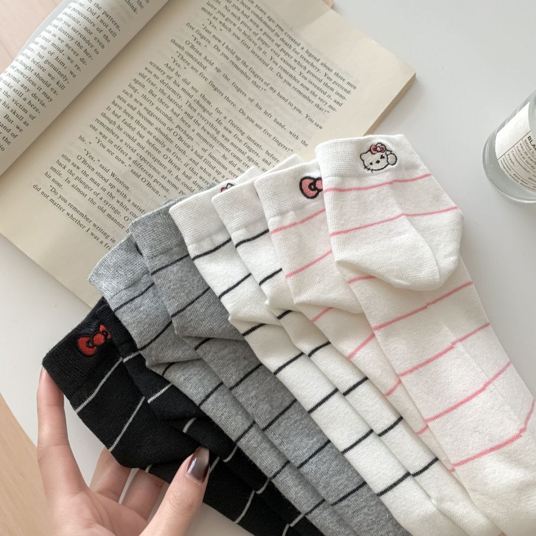 Striped Ankle Socks with Kitten Embroidery