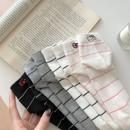 Striped Ankle Socks with Kitten Embroidery