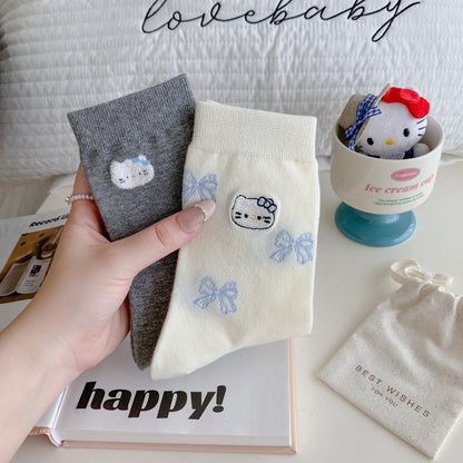 Sweet Kitty & Bow Cotton Crew Socks