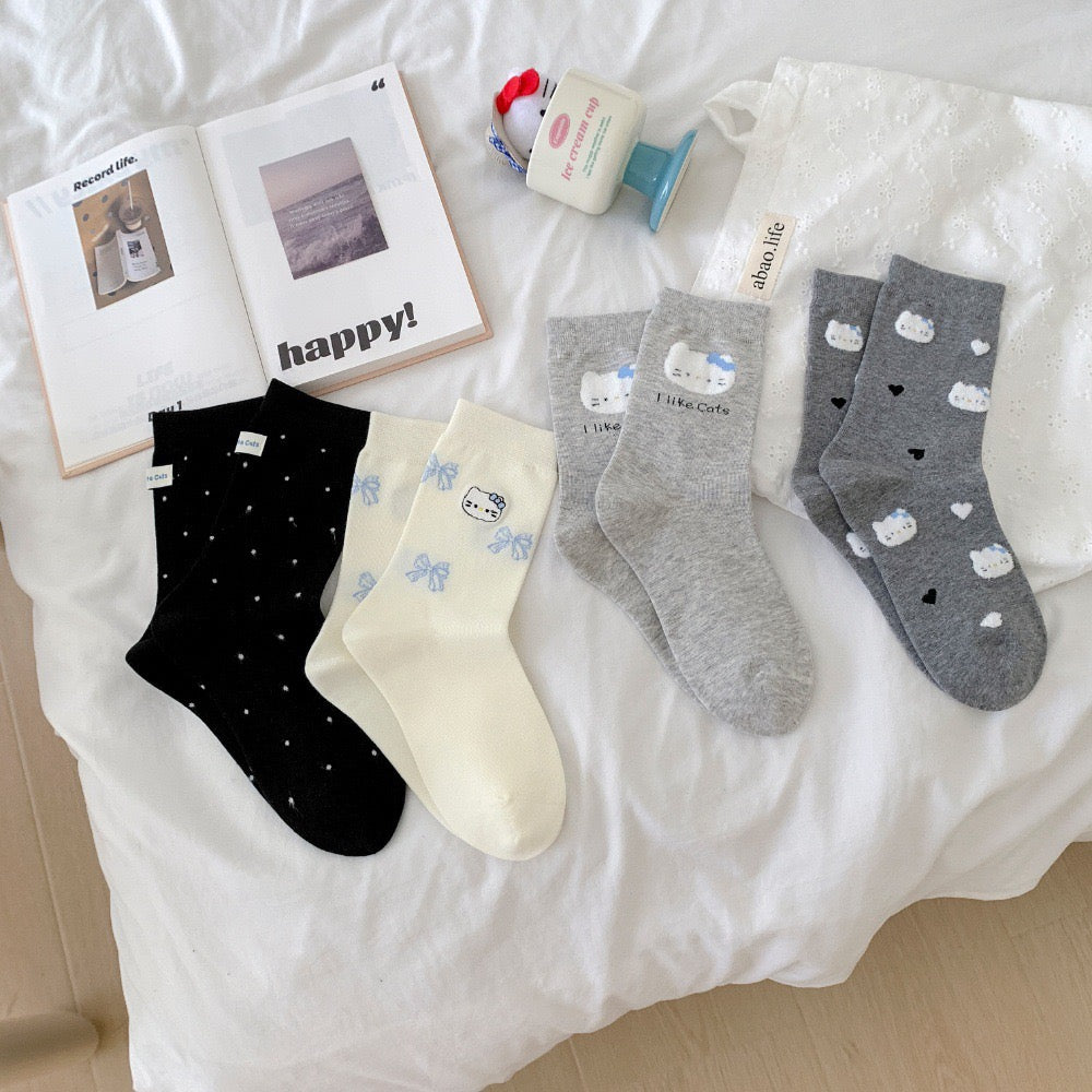 Sweet Kitty & Bow Cotton Crew Socks