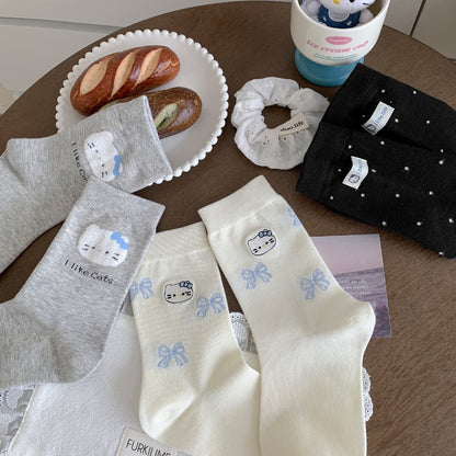 Sweet Kitty & Bow Cotton Crew Socks