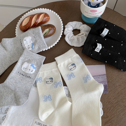 Sweet Kitty & Bow Cotton Crew Socks