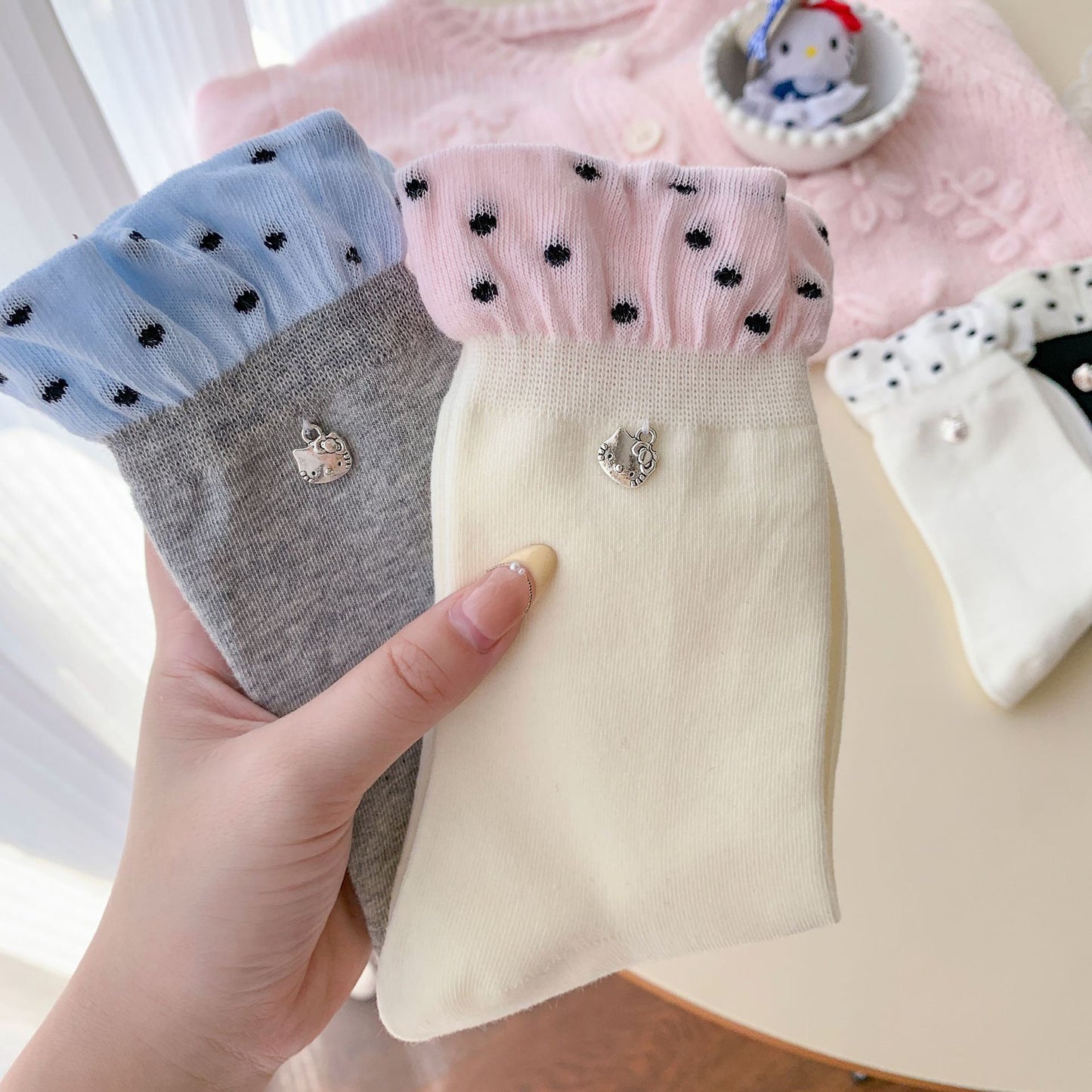 Elegant Lace Edge Socks With Mini Kitty Charm