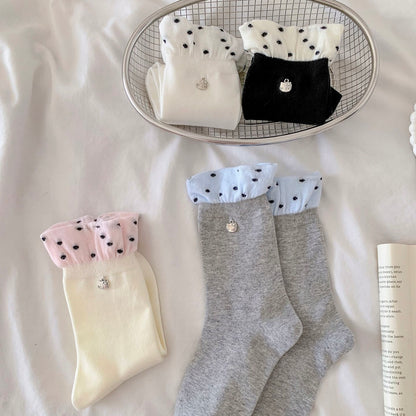 Elegant Lace Edge Socks With Mini Kitty Charm