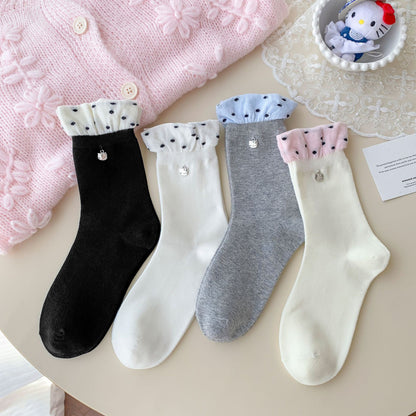 Elegant Lace Edge Socks With Mini Kitty Charm