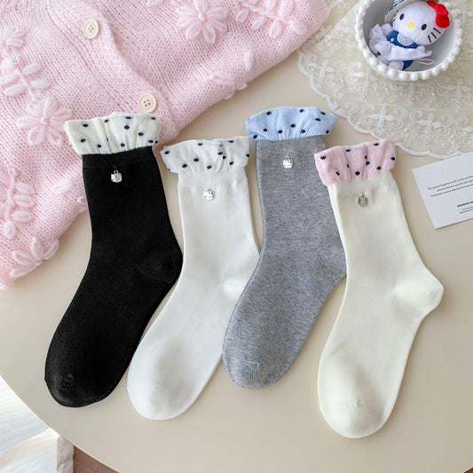 Elegant Lace Edge Socks With Mini Kitty Charm