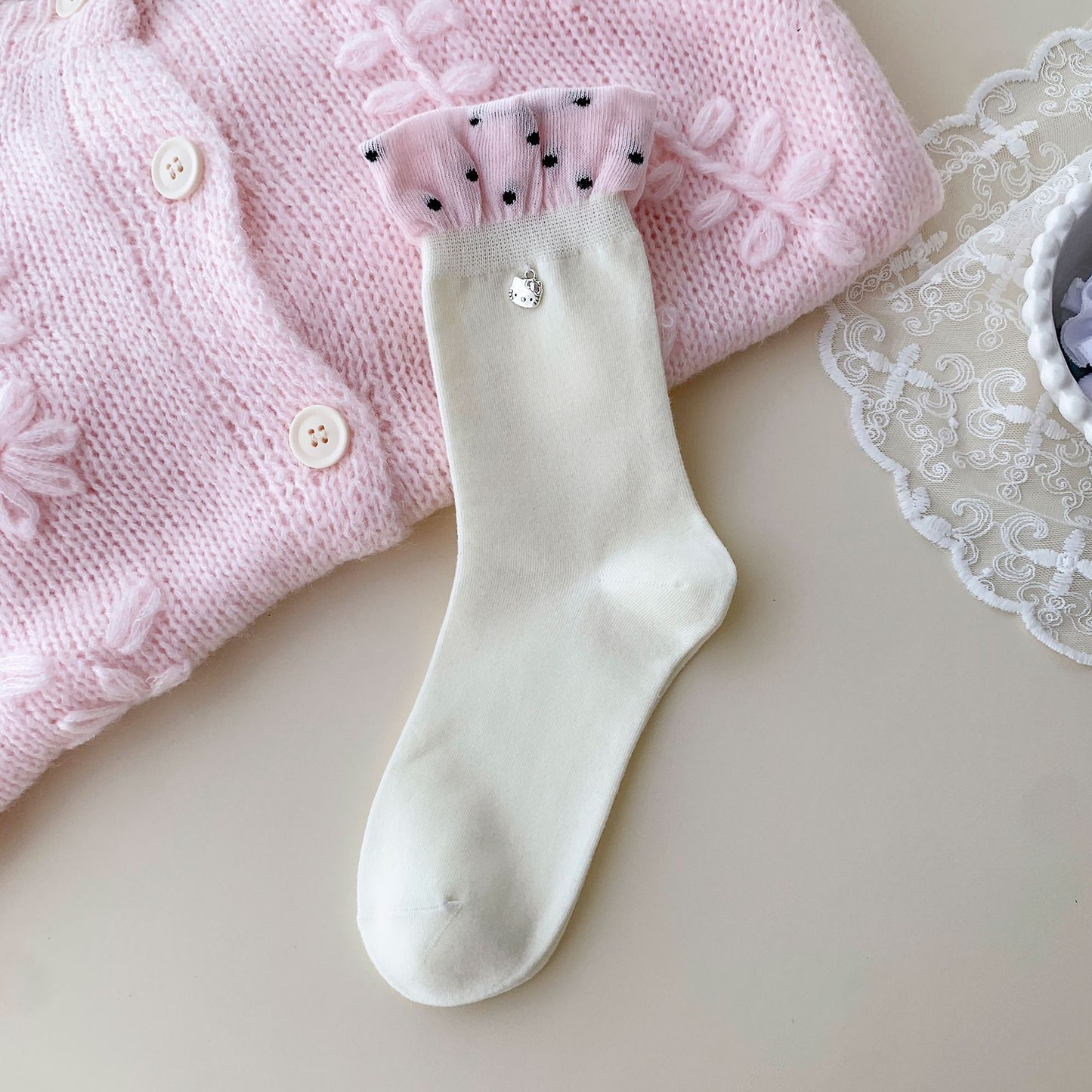 Elegant Lace Edge Socks With Mini Kitty Charm