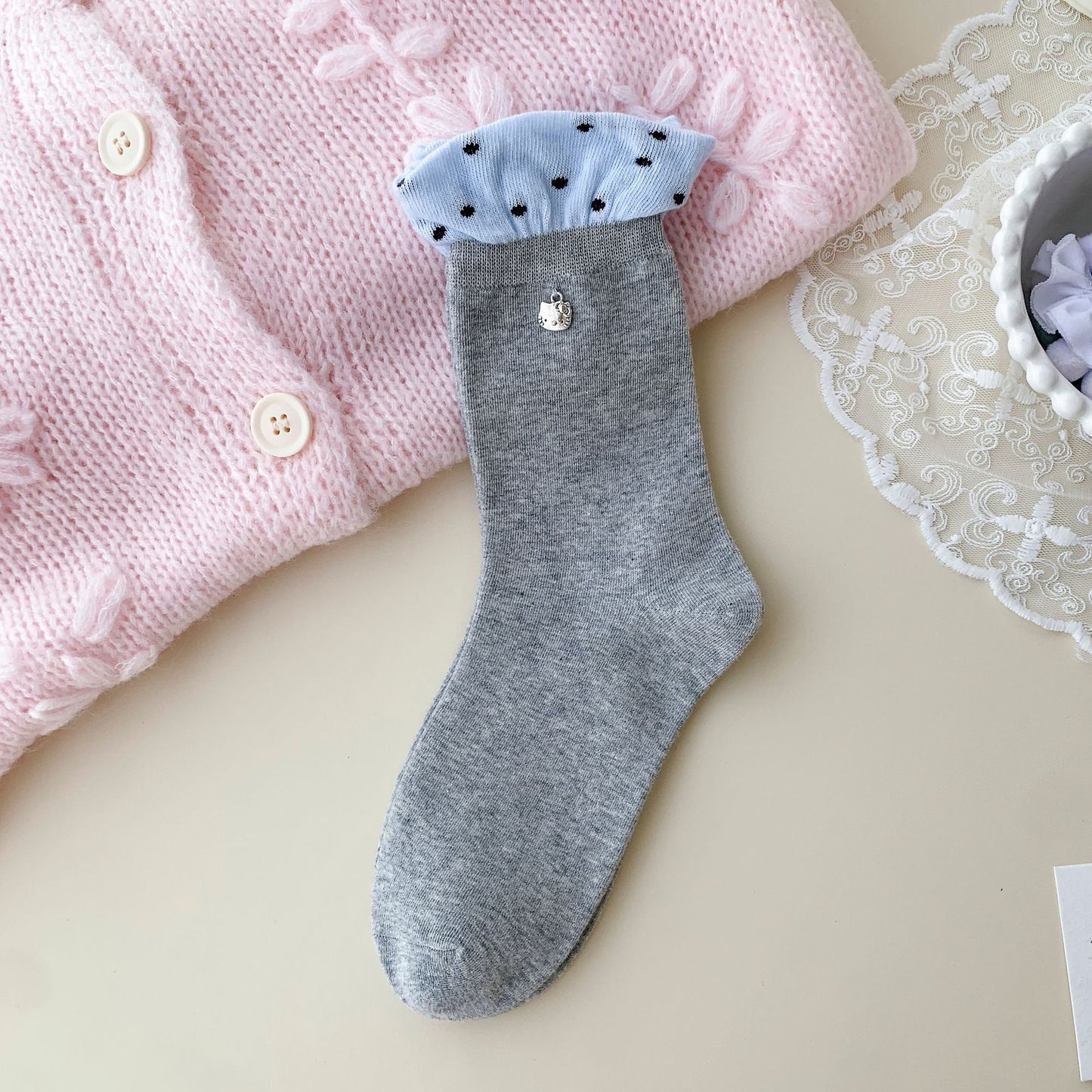 Elegant Lace Edge Socks With Mini Kitty Charm