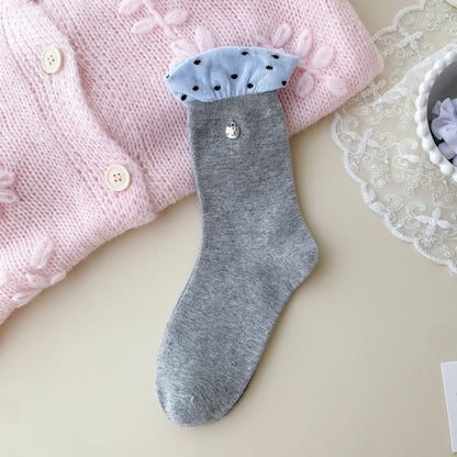 Elegant Lace Edge Socks With Mini Kitty Charm