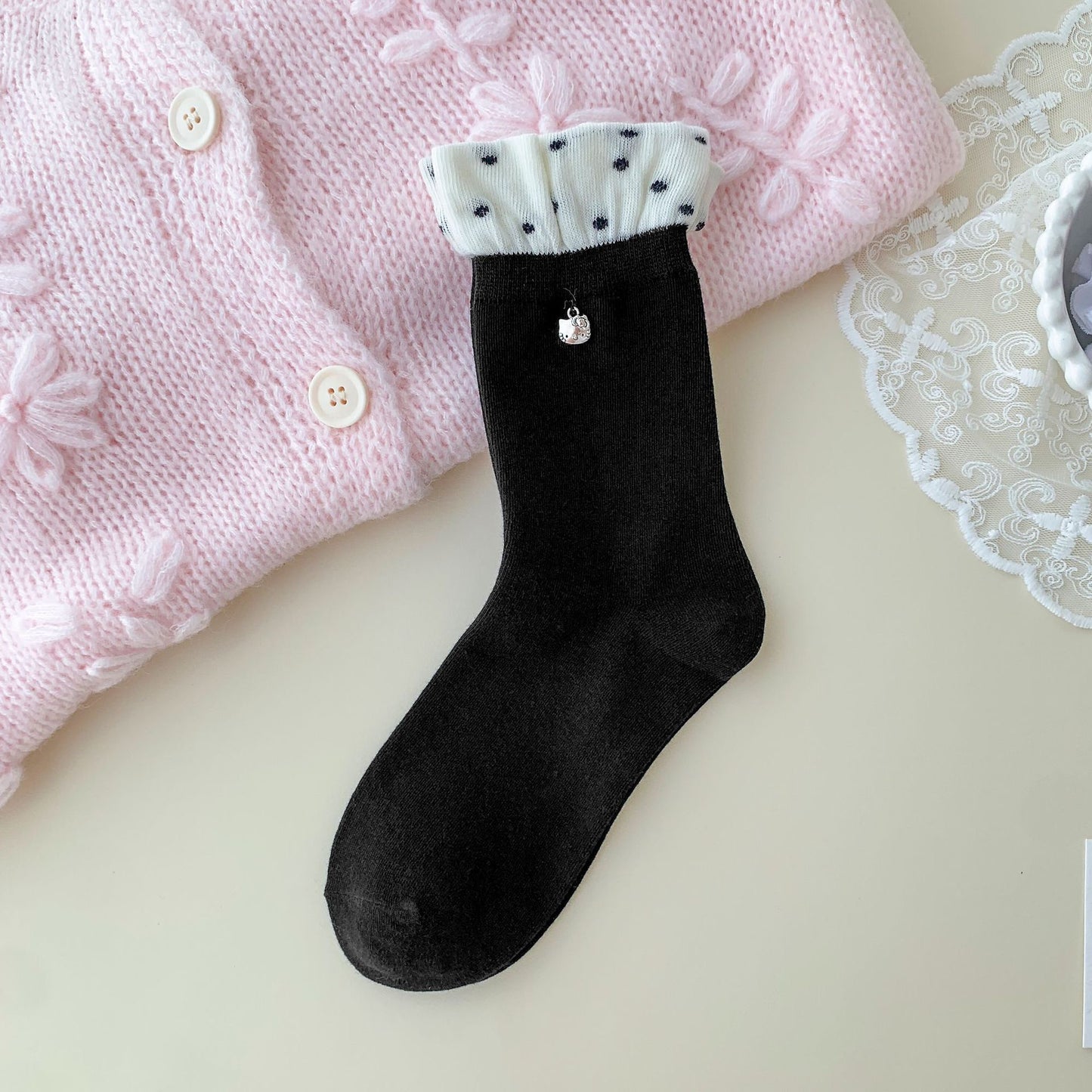 Elegant Lace Edge Socks With Mini Kitty Charm