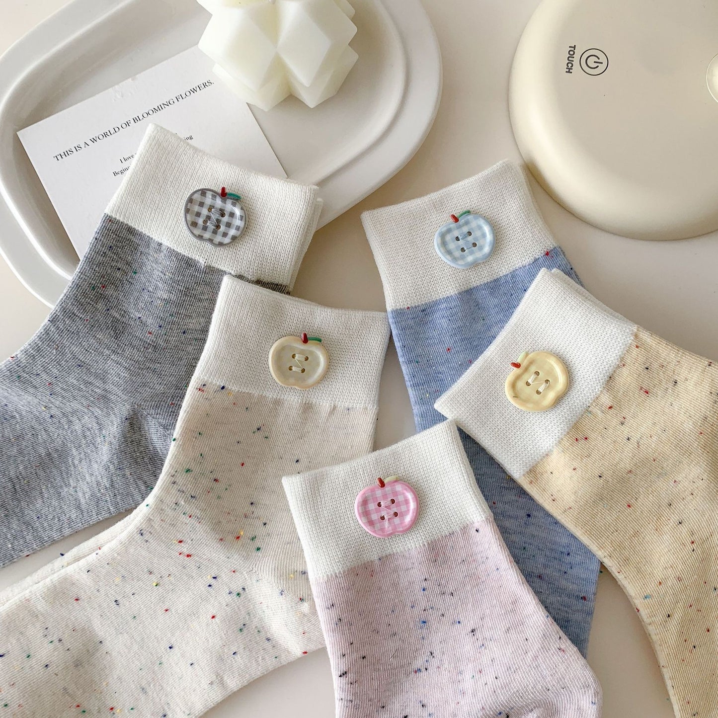Apple Button Speckled Ankle Socks