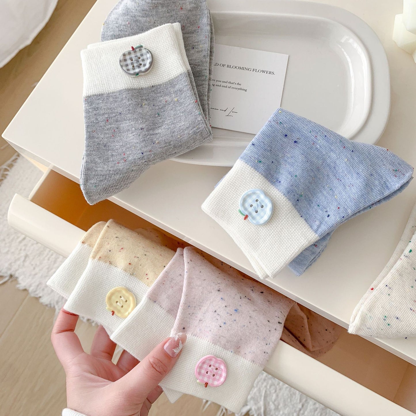 Apple Button Speckled Ankle Socks