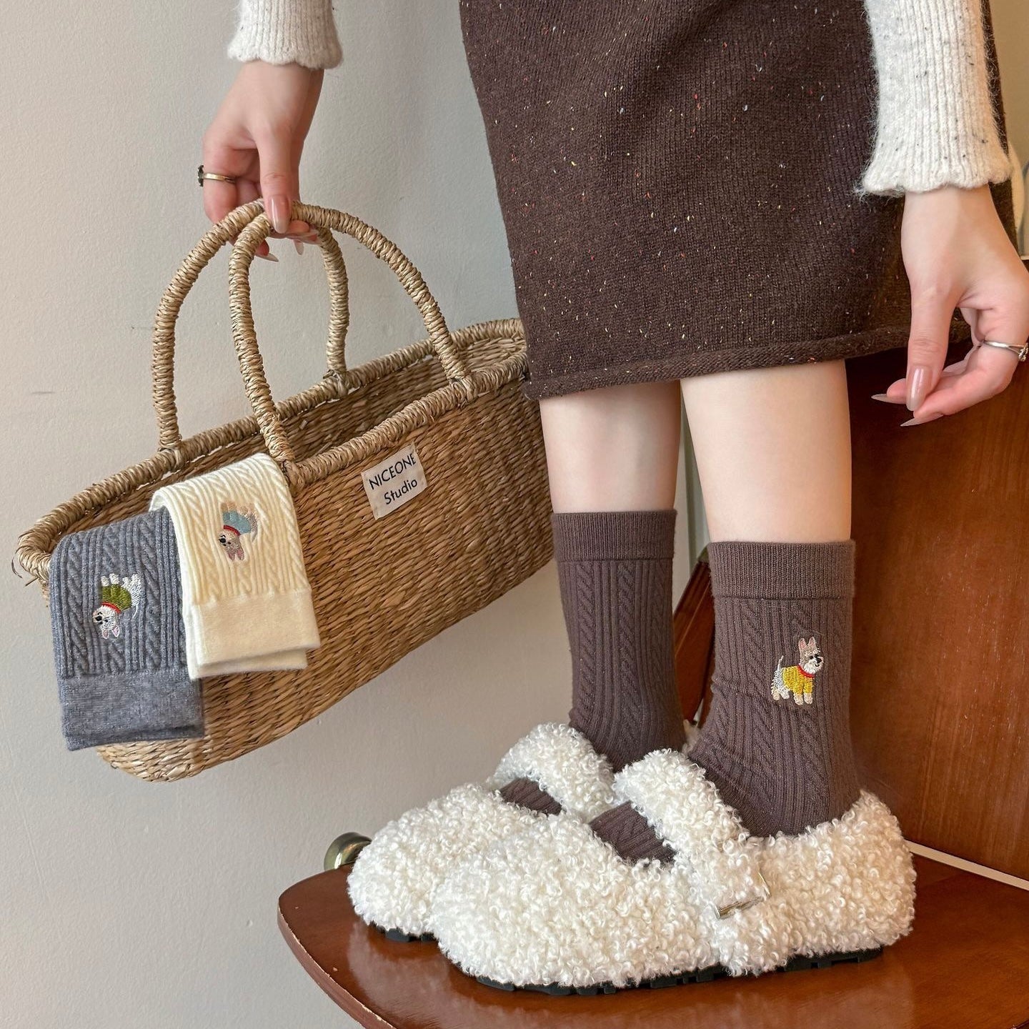 Sweater Striped Puppy Crew Socks