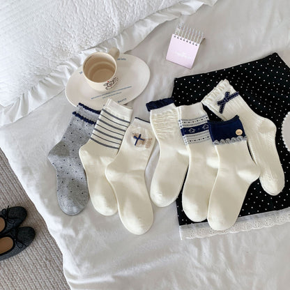 Elegant Cream&Navy Blue Crew Socks