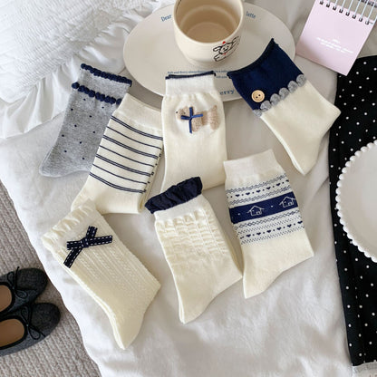 Elegant Cream&Navy Blue Crew Socks