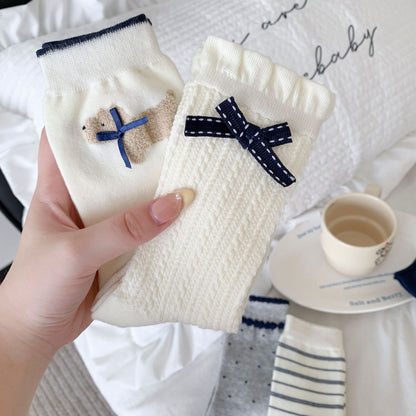 Elegant Cream&Navy Blue Crew Socks