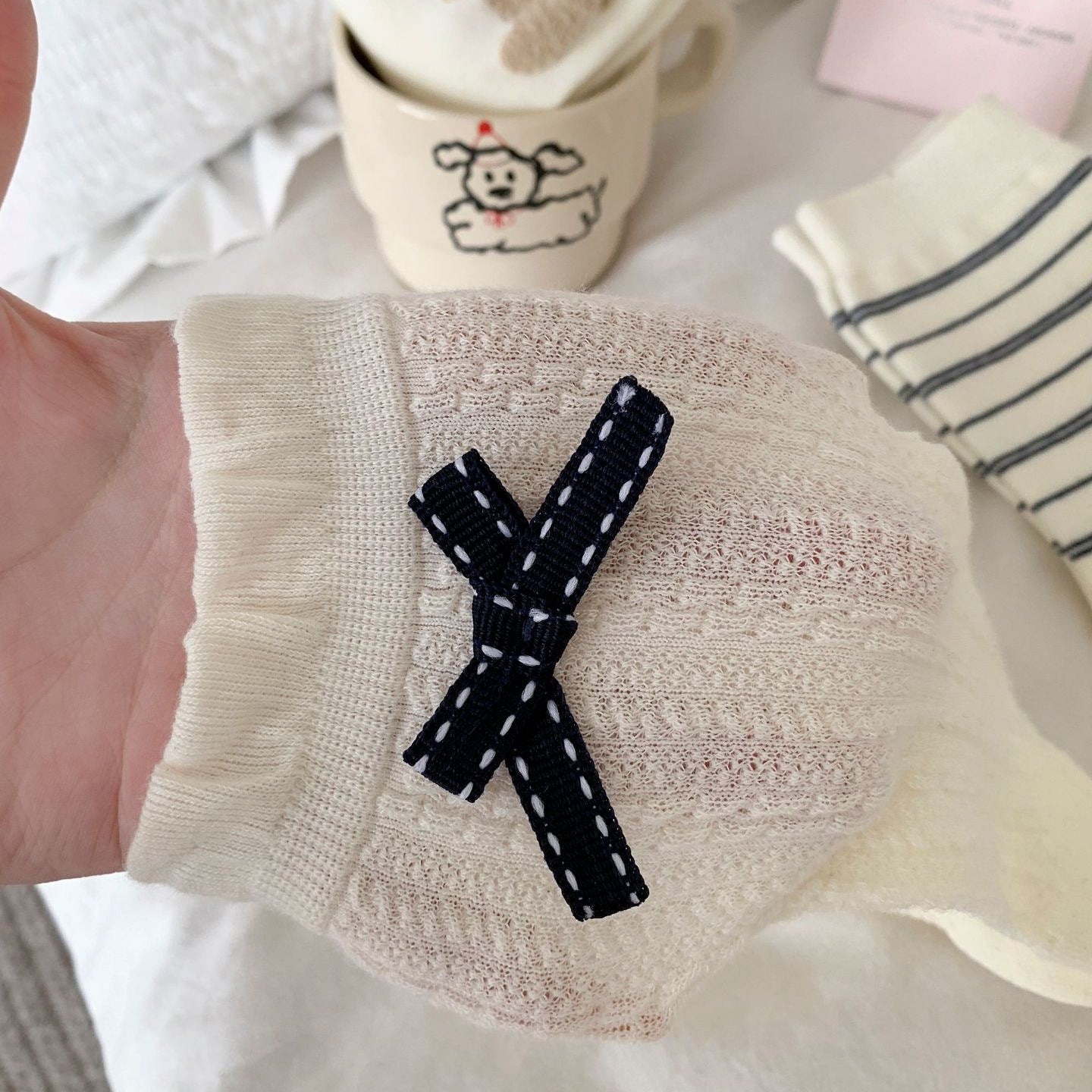 Elegant Cream&Navy Blue Crew Socks