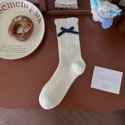 Elegant Cream&Navy Blue Crew Socks