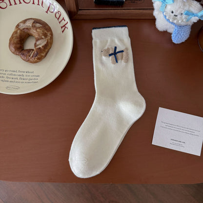 Elegant Cream&Navy Blue Crew Socks