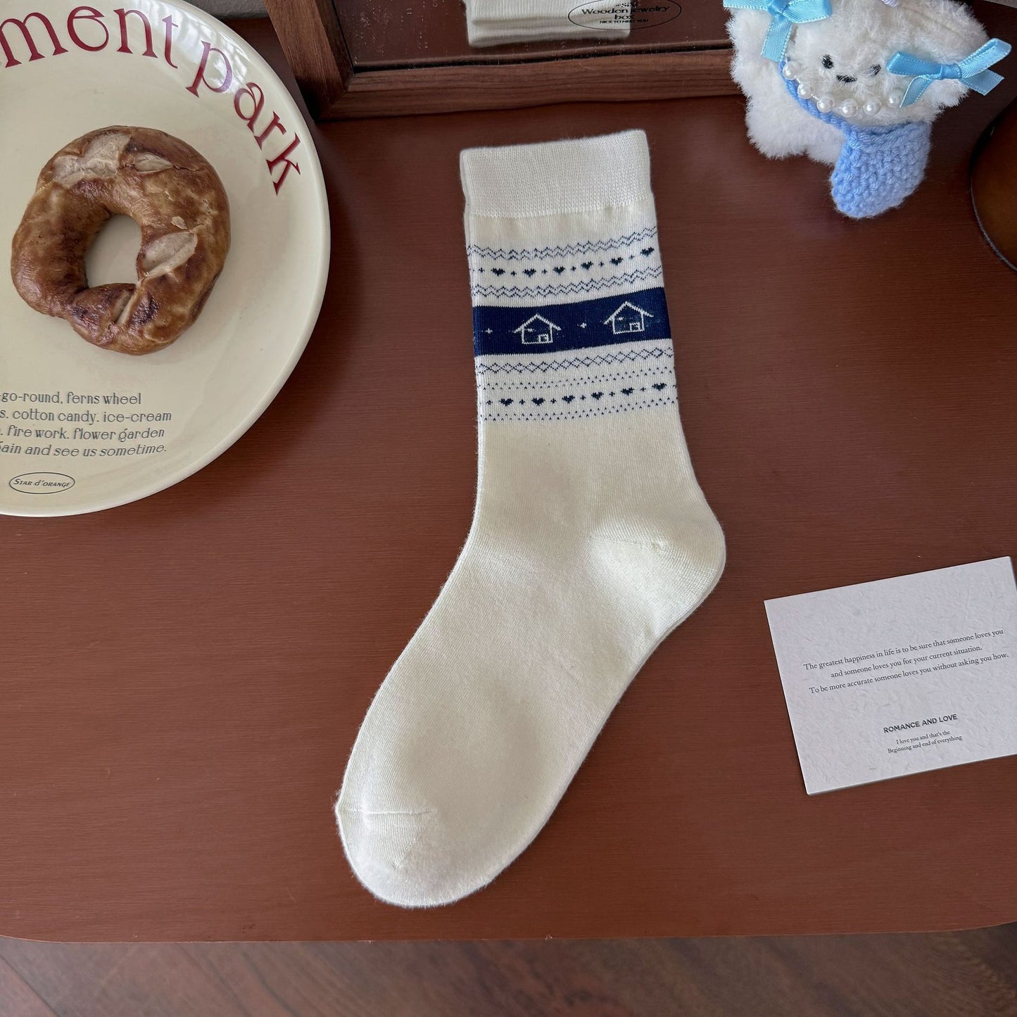 Elegant Cream&Navy Blue Crew Socks