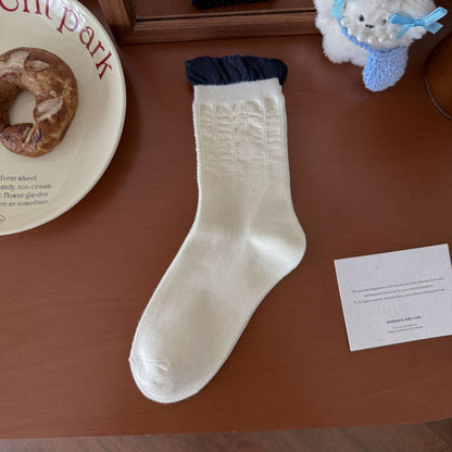 Elegant Cream&Navy Blue Crew Socks