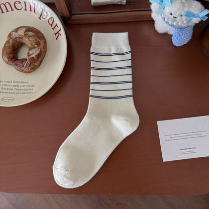 Elegant Cream&Navy Blue Crew Socks