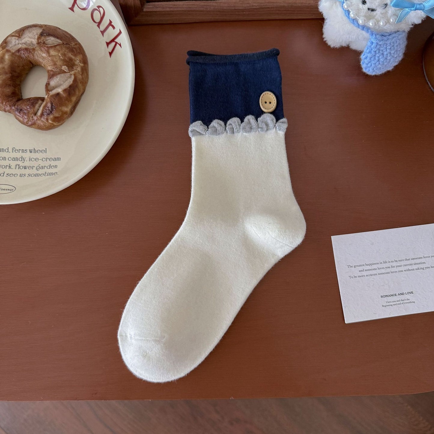 Elegant Cream&Navy Blue Crew Socks