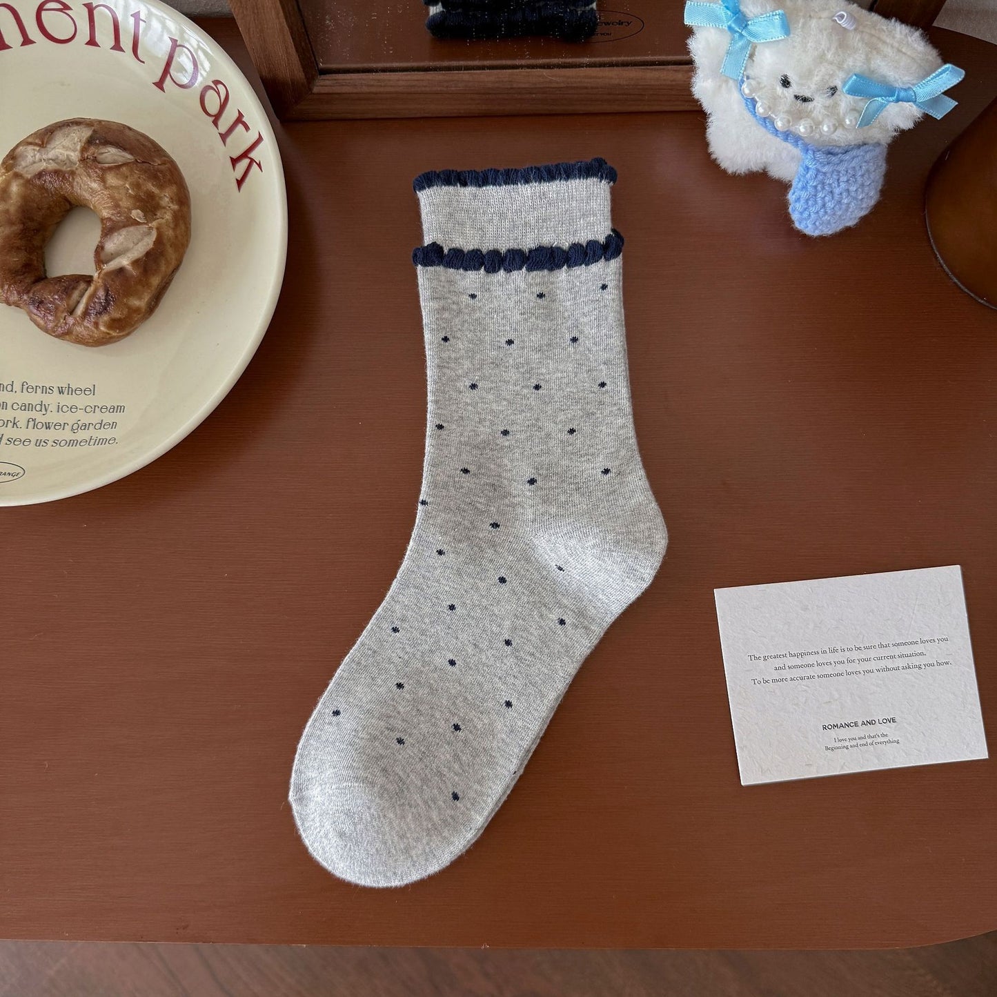 Elegant Cream&Navy Blue Crew Socks