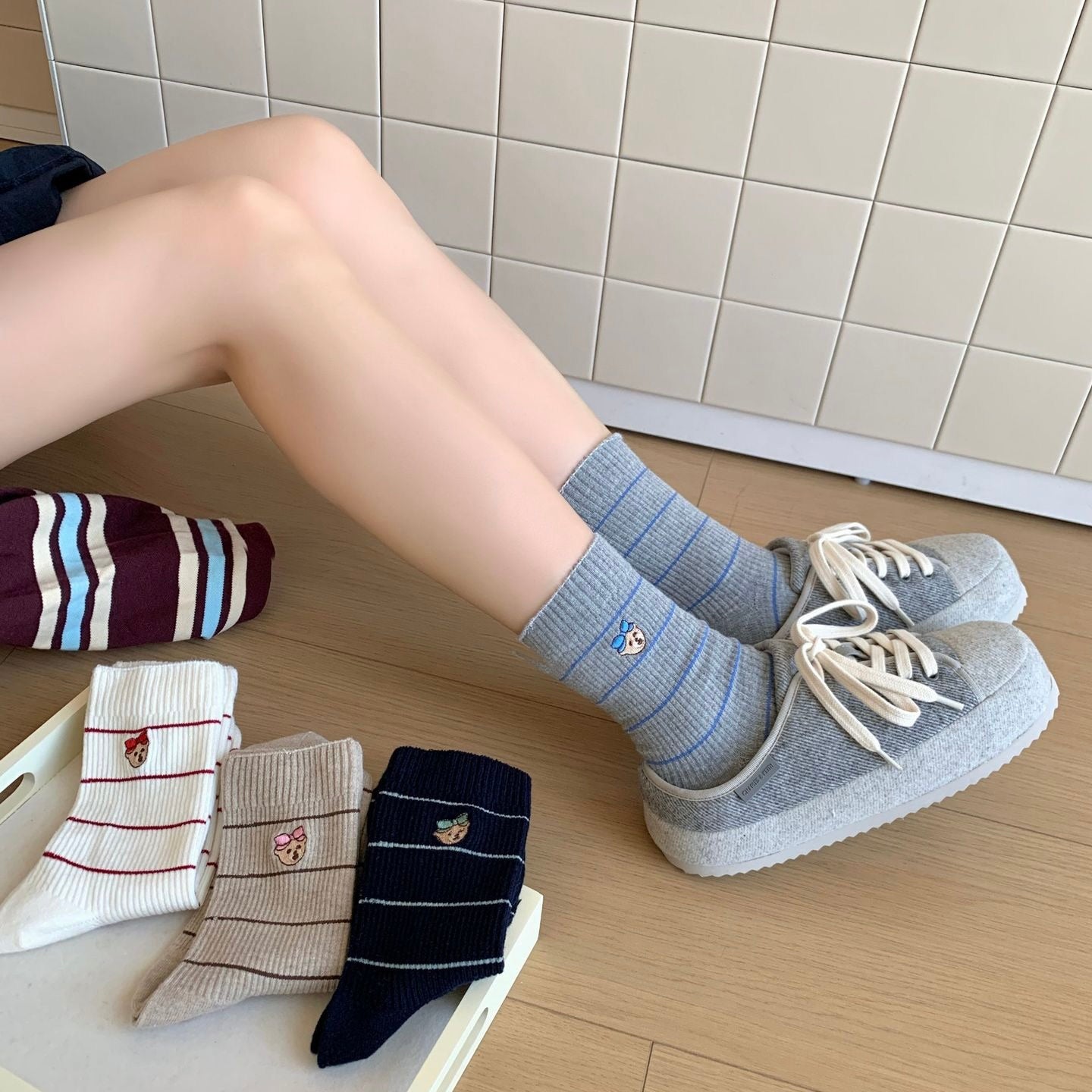 Bear&Bow Striped Crew Socks
