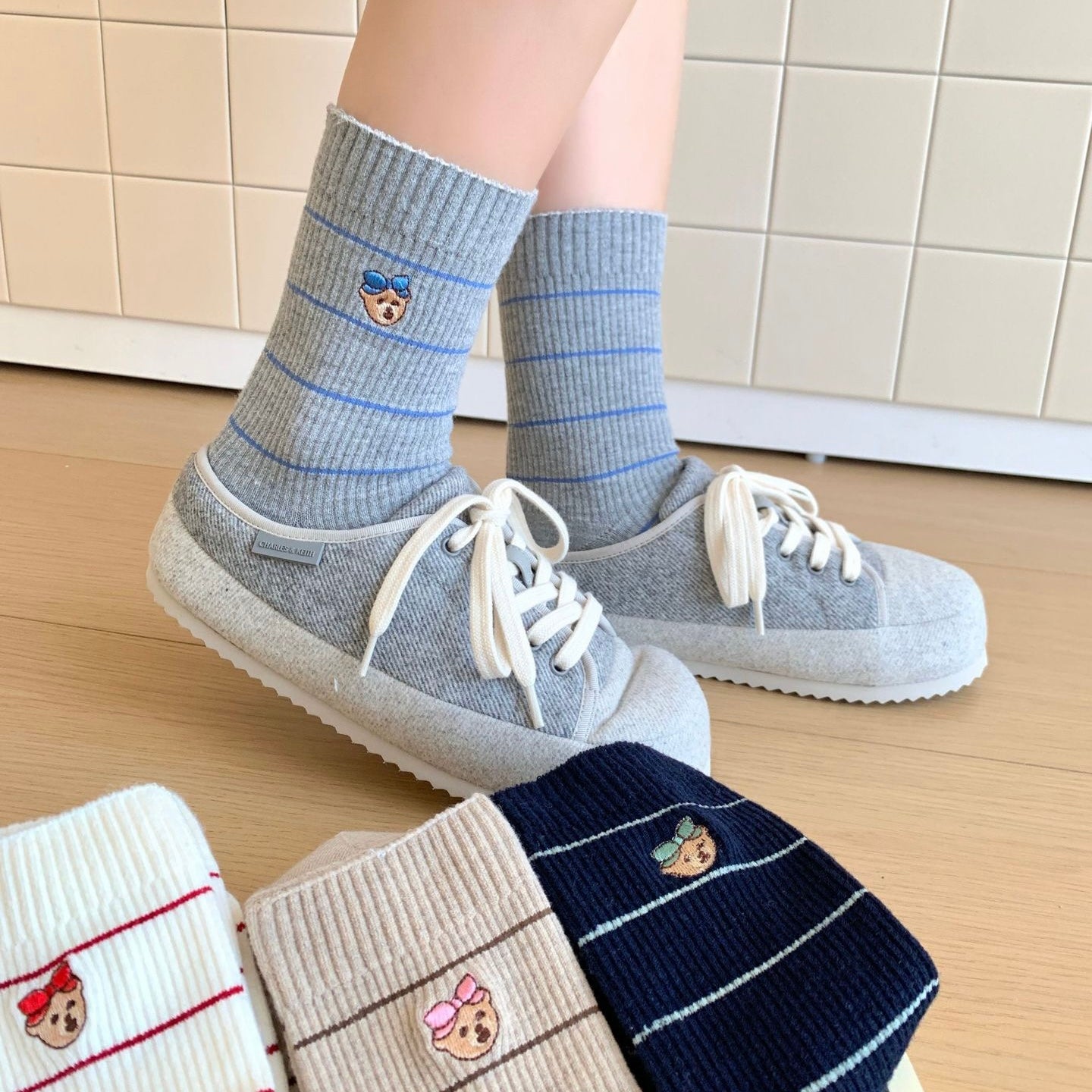Bear&Bow Striped Crew Socks
