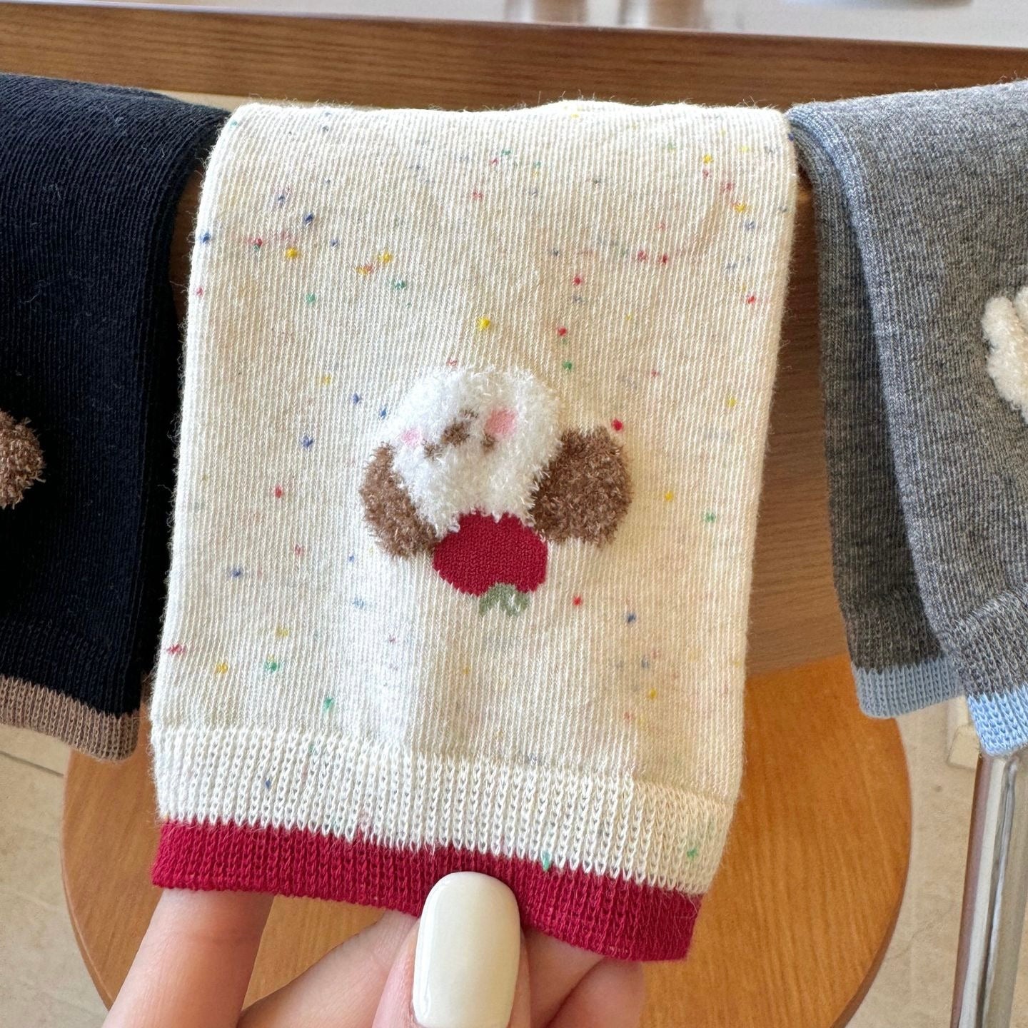 Apple Puppy Embroidery Crew Socks