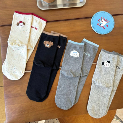 Apple Puppy Embroidery Crew Socks