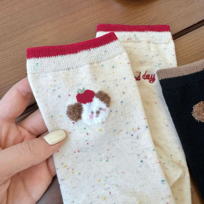 Apple Puppy Embroidery Crew Socks