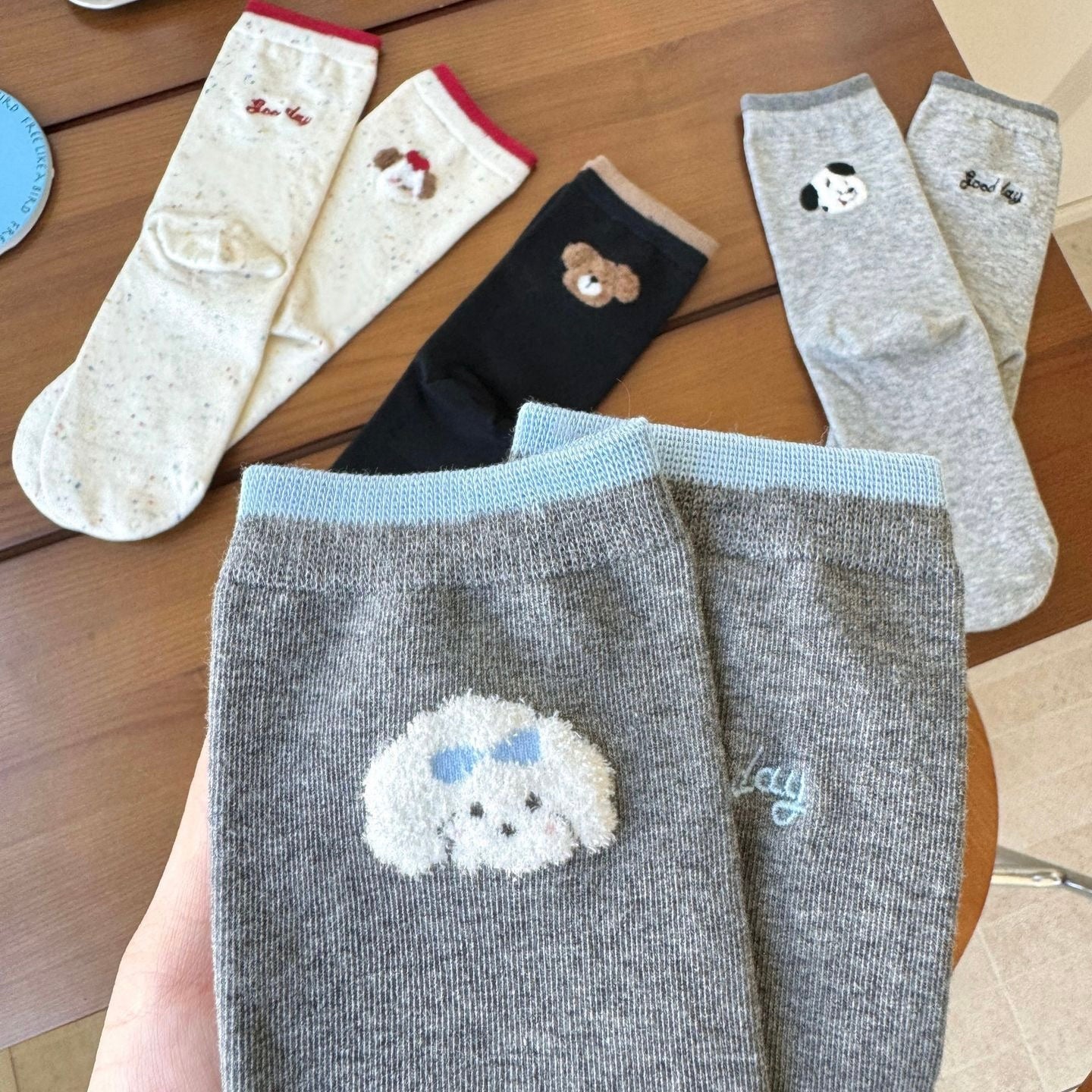 Apple Puppy Embroidery Crew Socks