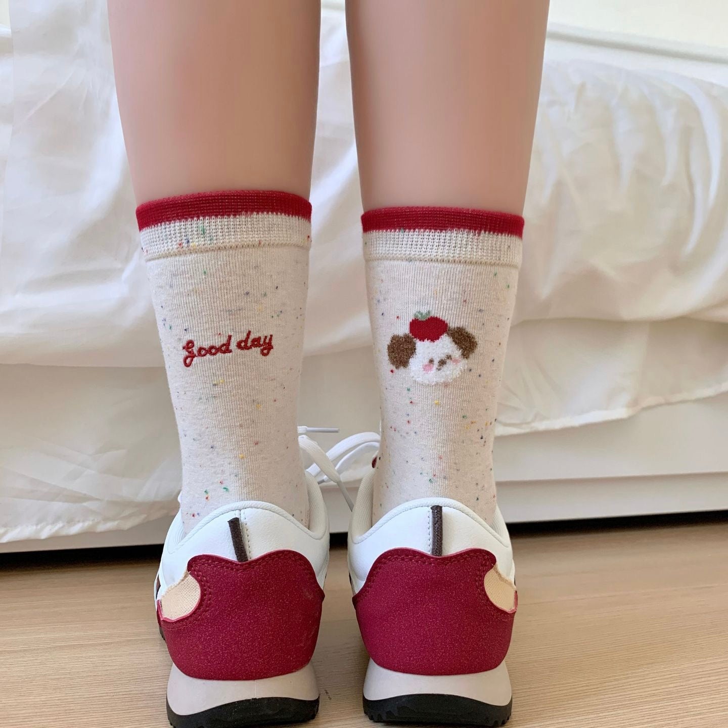 Apple Puppy Embroidery Crew Socks