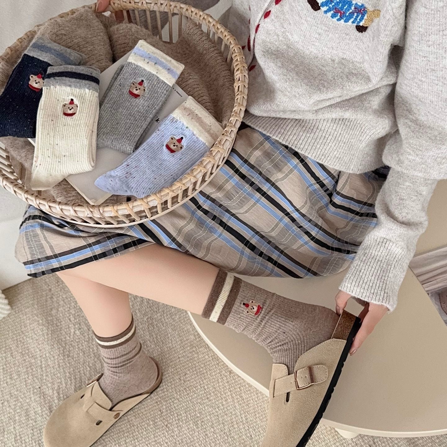 Spring Speckled Bear Embroidery Socks