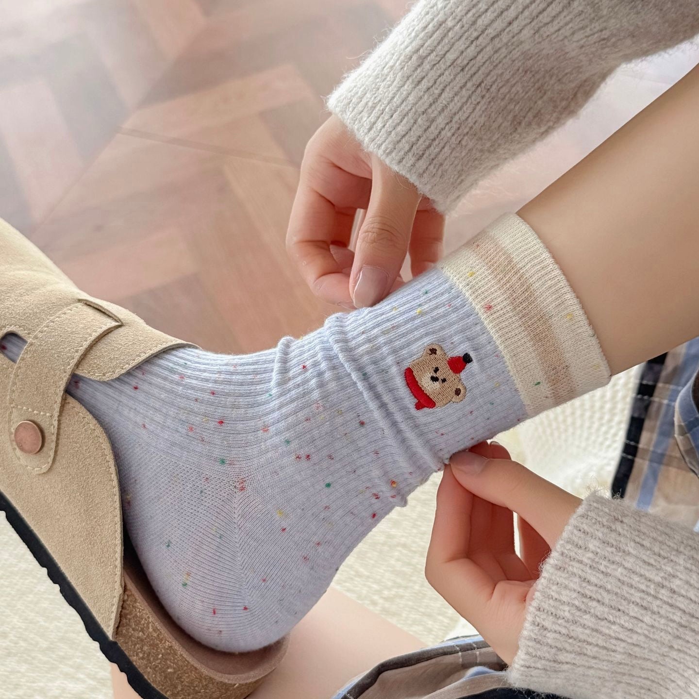 Spring Speckled Bear Embroidery Socks