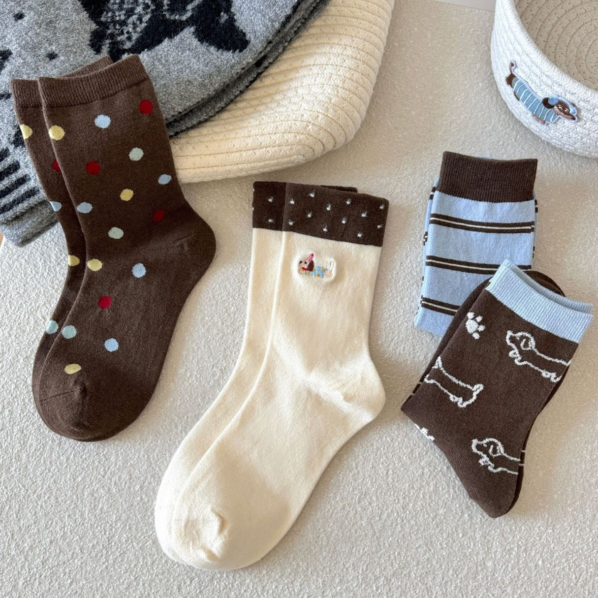 Dachshund & Bone Knit Crew Socks