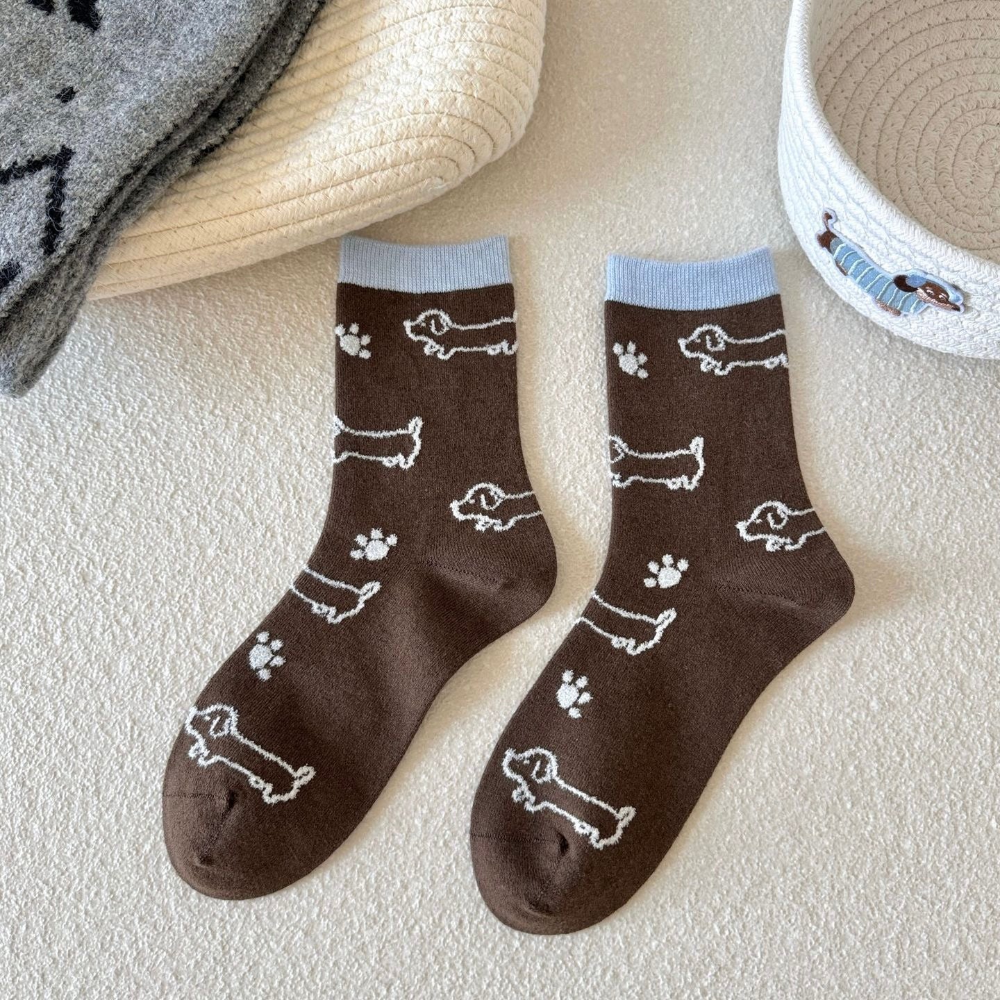 Dachshund & Bone Knit Crew Socks
