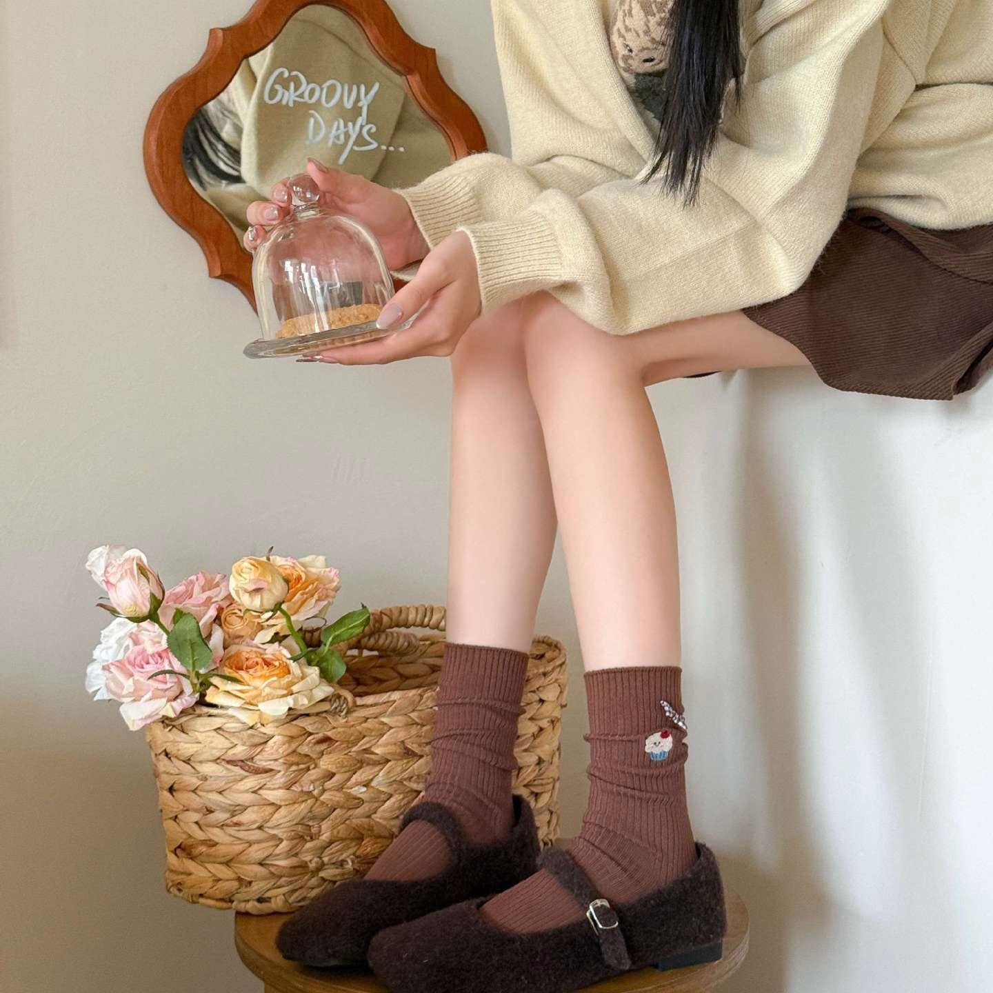 Bear Embroidered Delicate Bow Socks