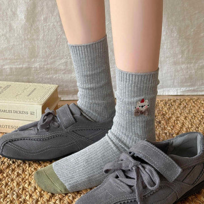 Bear Embroidered Delicate Bow Socks