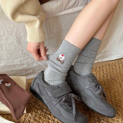 Bear Embroidered Delicate Bow Socks