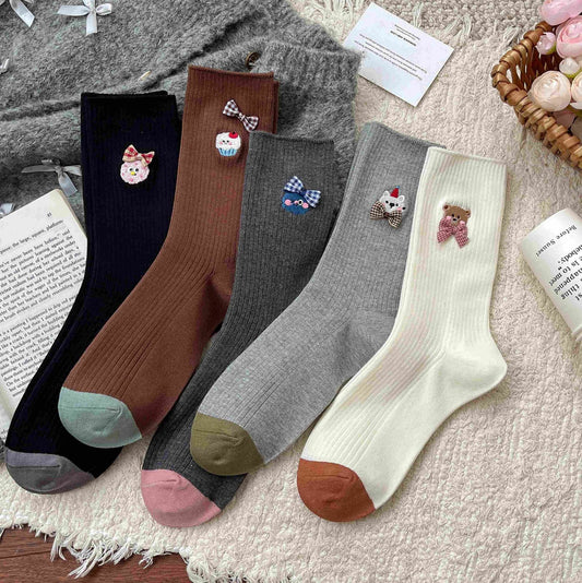 Bear Embroidered Delicate Bow Socks