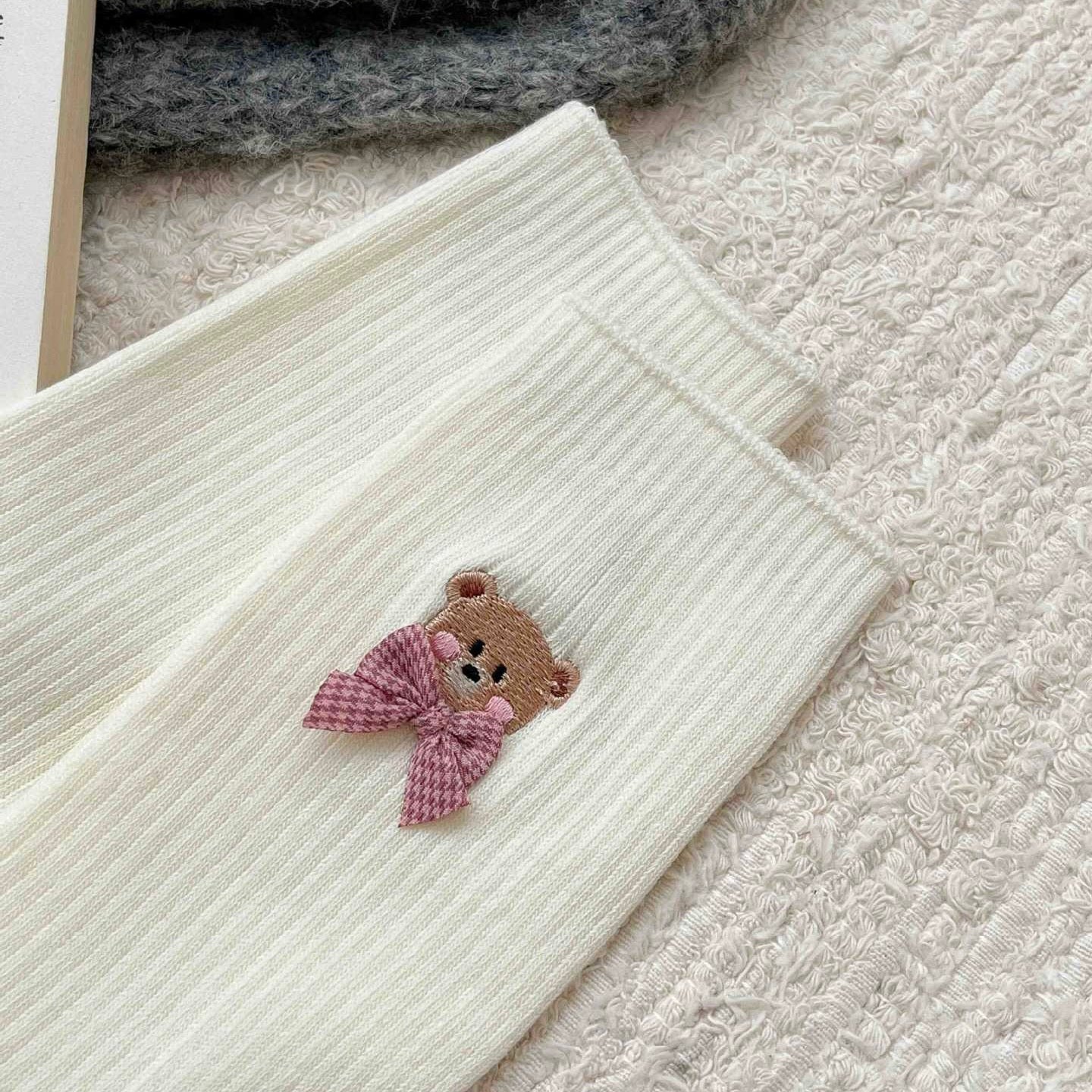 Bear Embroidered Delicate Bow Socks