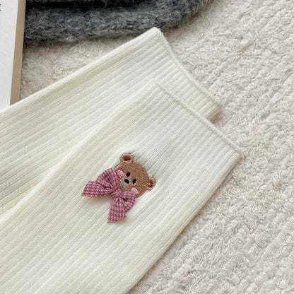 Bear Embroidered Delicate Bow Socks