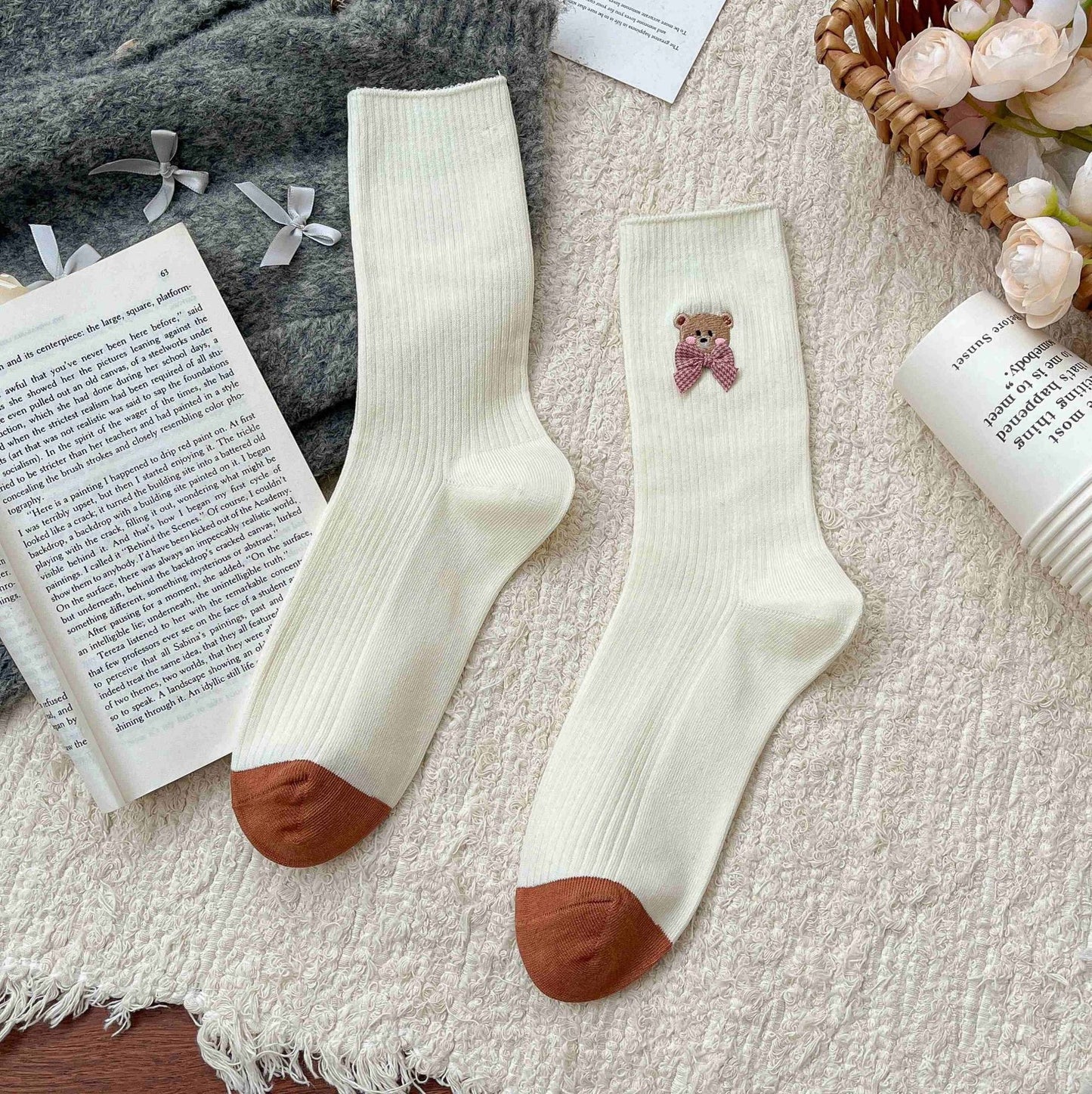 Bear Embroidered Delicate Bow Socks