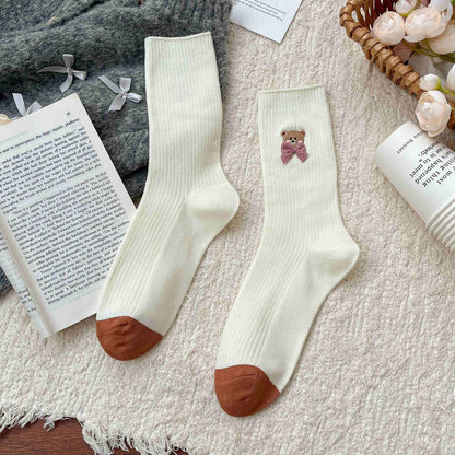 Bear Embroidered Delicate Bow Socks