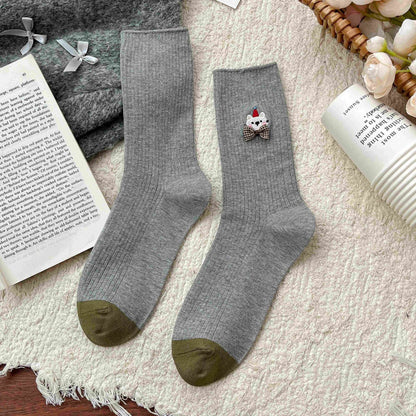 Bear Embroidered Delicate Bow Socks